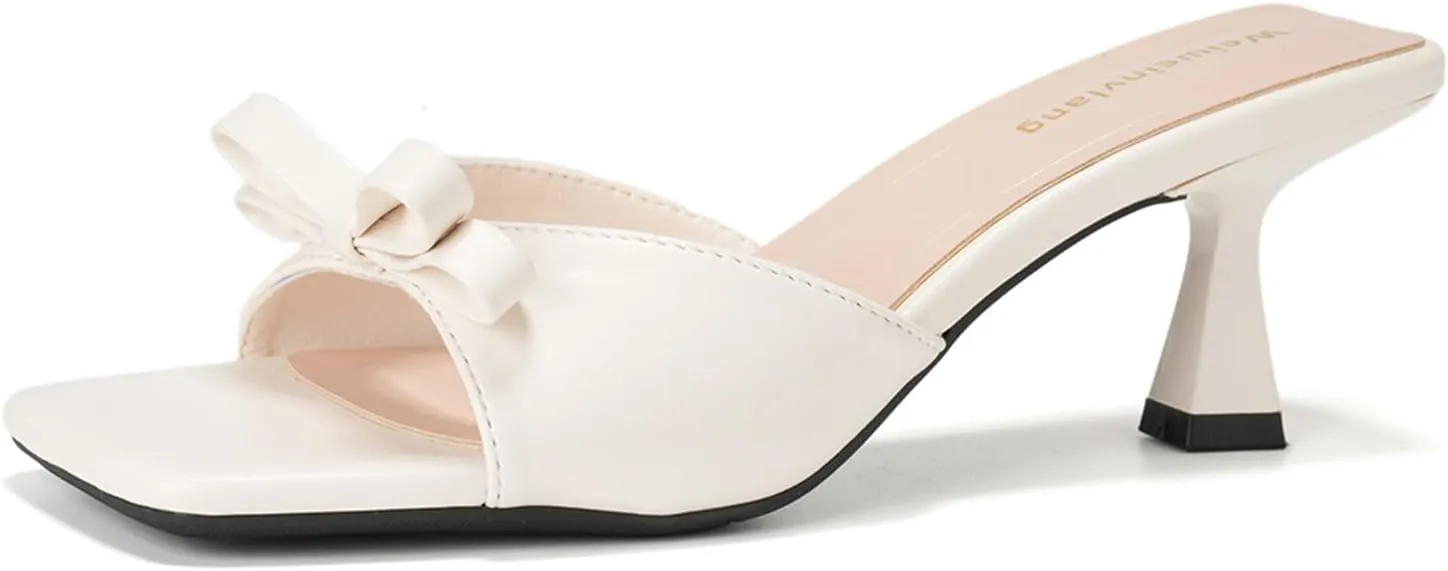 Women's Bow Kitten Heel Mule Sandals Fashion Square Open Toe Non-slip Slip-On Formal High Heel Sandals for Party, Evening