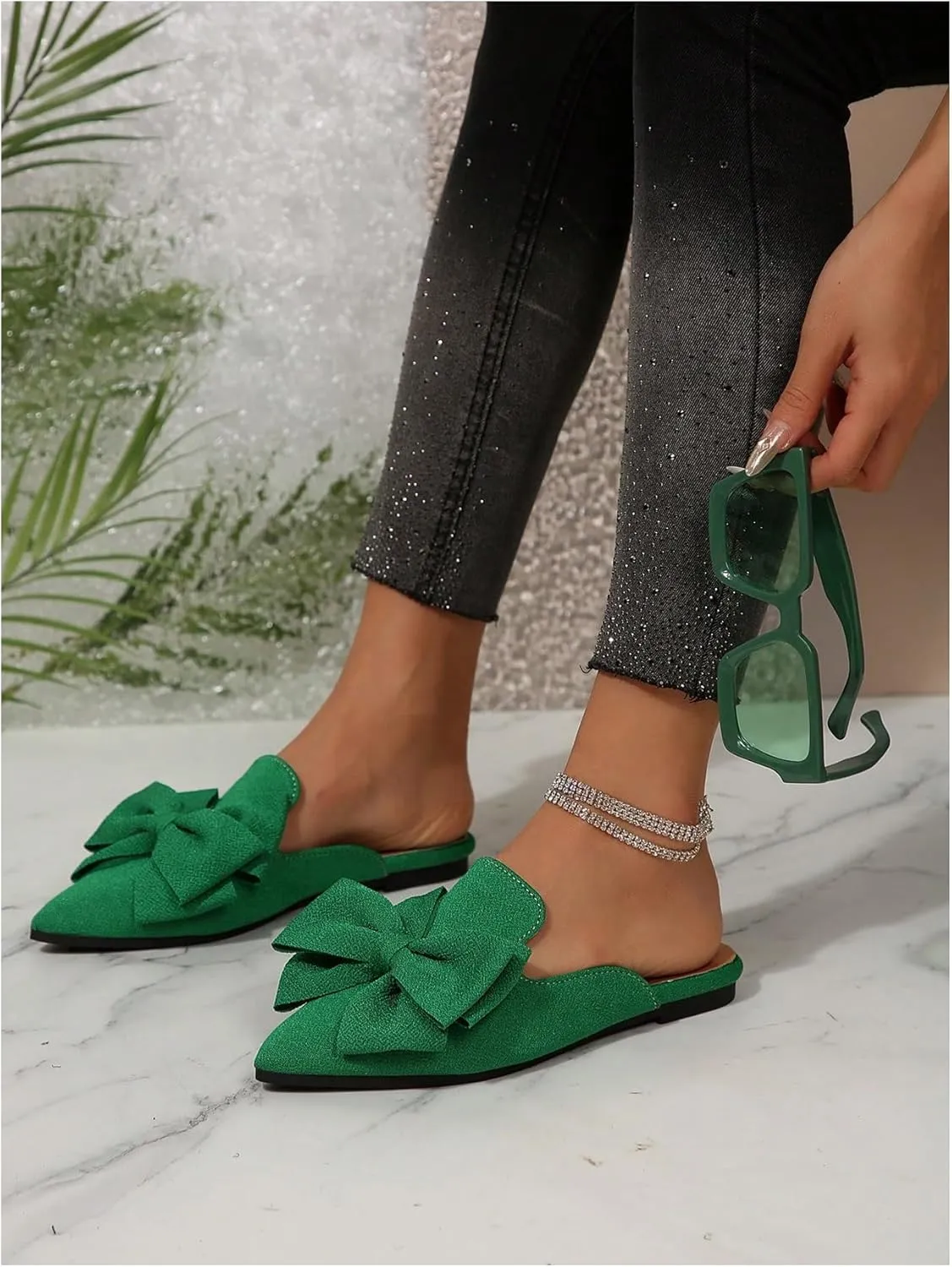 Women's Bow Mules Dressy Pointed Toe Flat Shoes Backless Loafers Slide Sandals Casual Slides Work Shoes