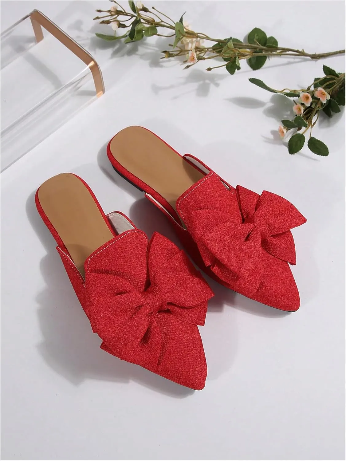 Women's Bow Mules Dressy Pointed Toe Flat Shoes Backless Loafers Slide Sandals Casual Slides Work Shoes