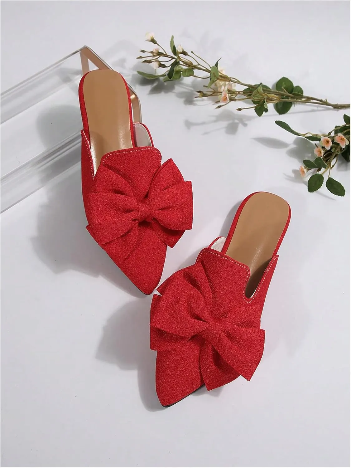 Women's Bow Mules Dressy Pointed Toe Flat Shoes Backless Loafers Slide Sandals Casual Slides Work Shoes