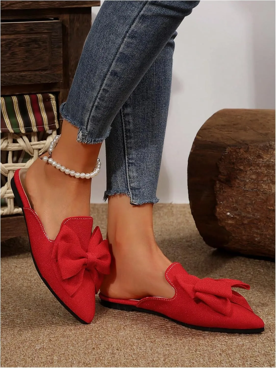 Women's Bow Mules Dressy Pointed Toe Flat Shoes Backless Loafers Slide Sandals Casual Slides Work Shoes
