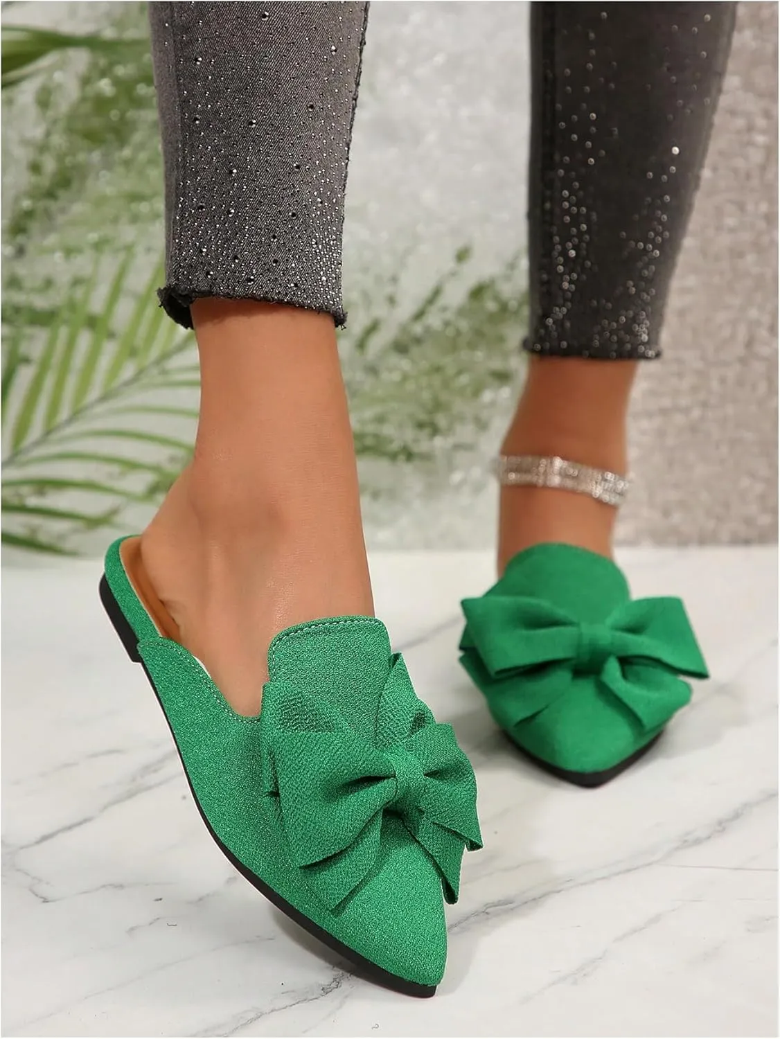 Women's Bow Mules Dressy Pointed Toe Flat Shoes Backless Loafers Slide Sandals Casual Slides Work Shoes