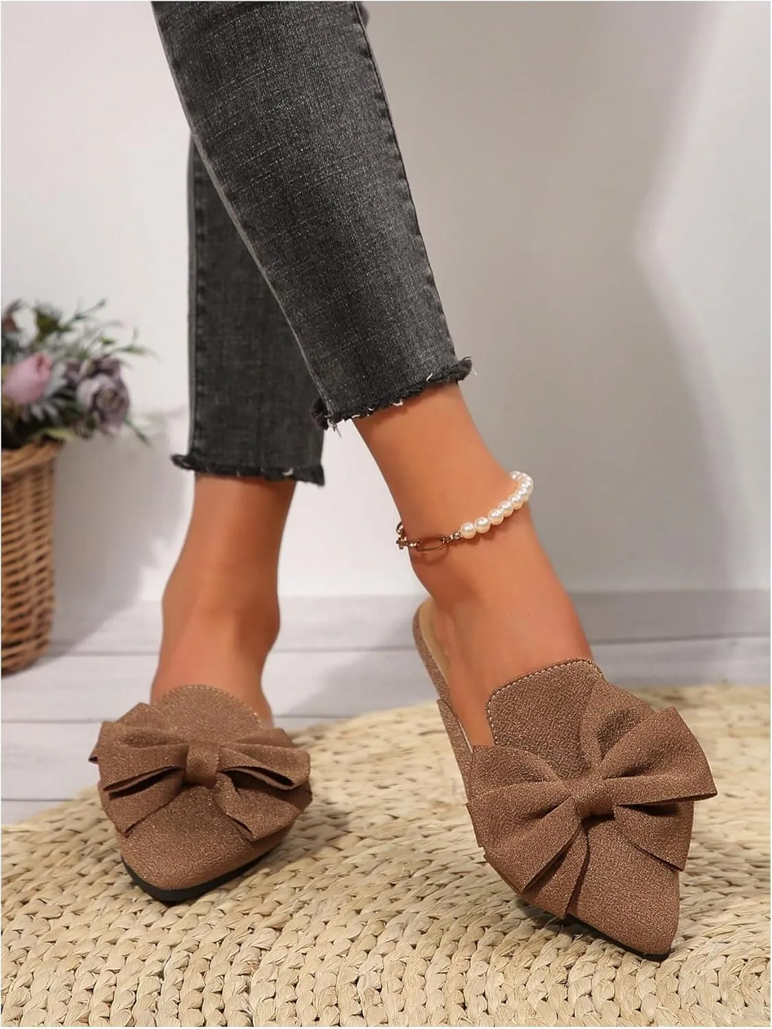 Women's Bow Mules Dressy Pointed Toe Flat Shoes Backless Loafers Slide Sandals Casual Slides Work Shoes