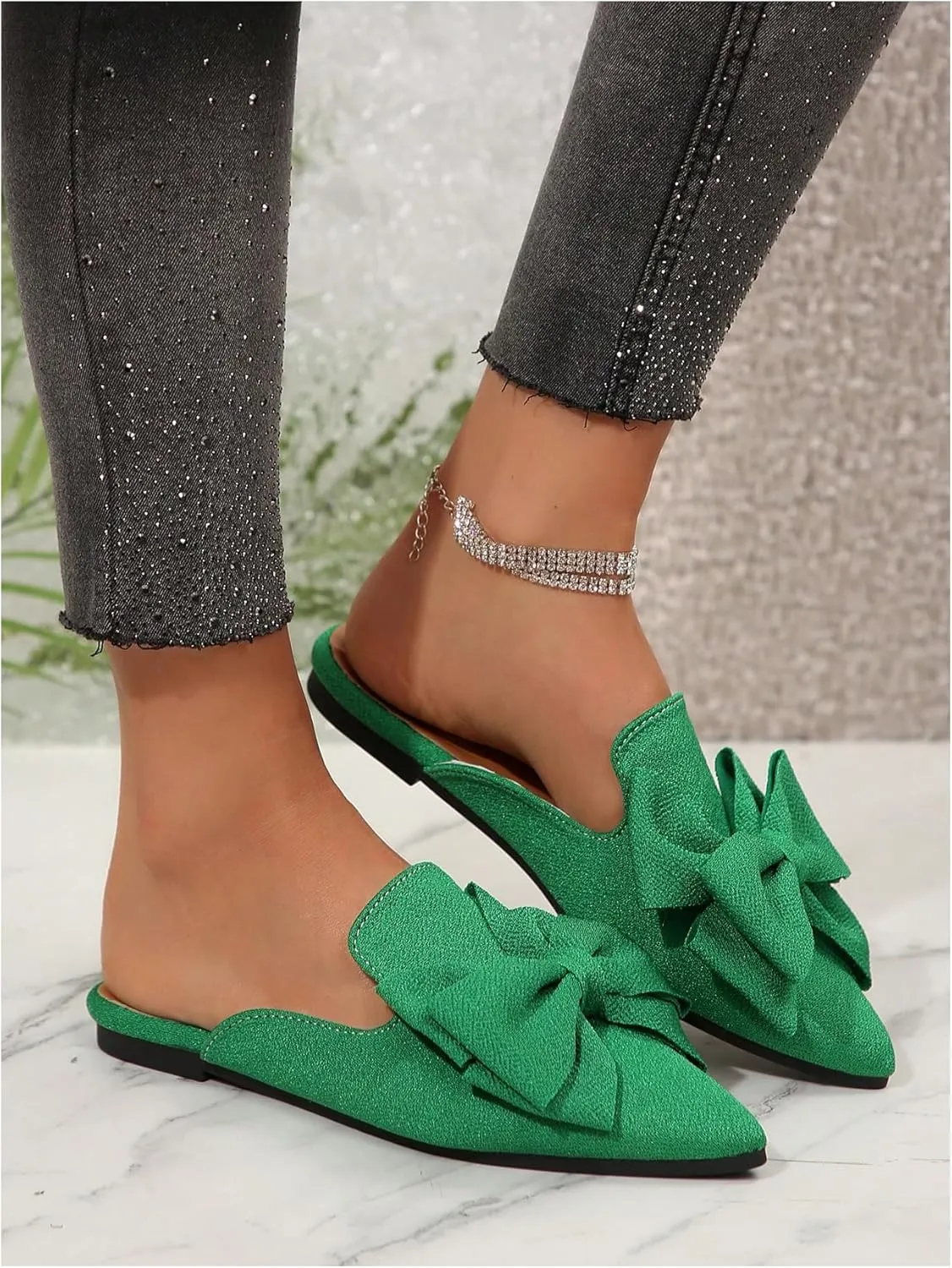 Women's Bow Mules Dressy Pointed Toe Flat Shoes Backless Loafers Slide Sandals Casual Slides Work Shoes