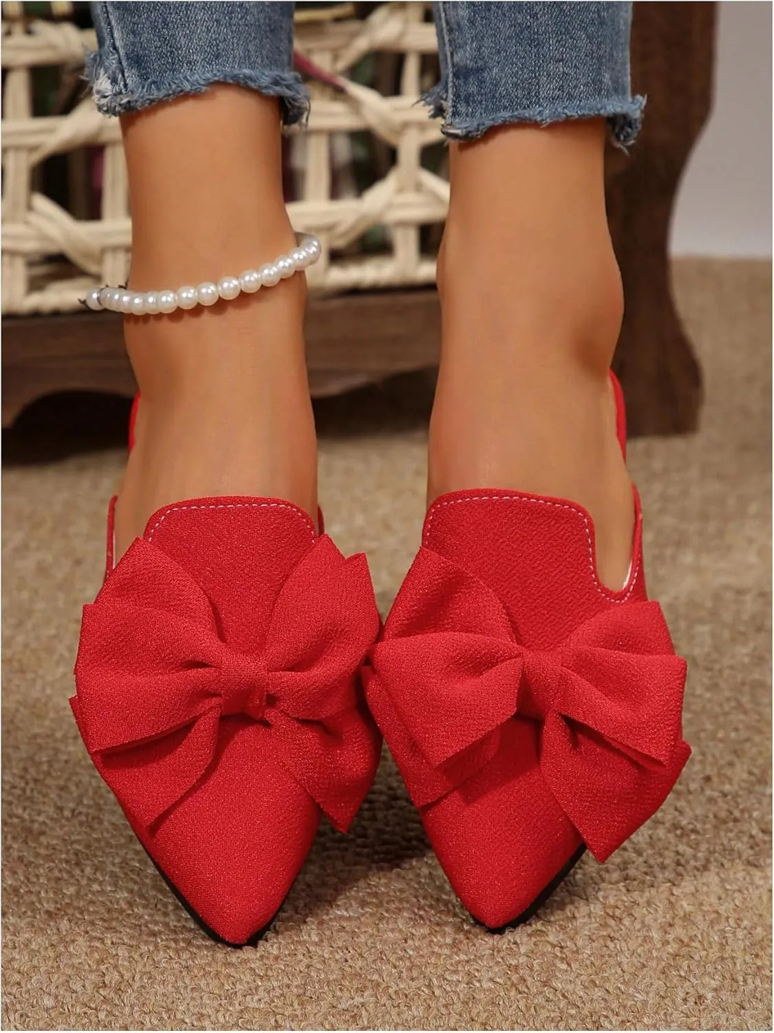Women's Bow Mules Dressy Pointed Toe Flat Shoes Backless Loafers Slide Sandals Casual Slides Work Shoes