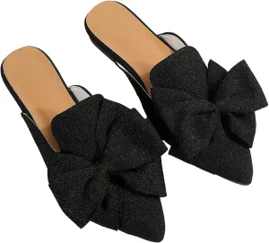 Women's Bow Mules Dressy Pointed Toe Flat Shoes Backless Loafers Slide Sandals Casual Slides Work Shoes