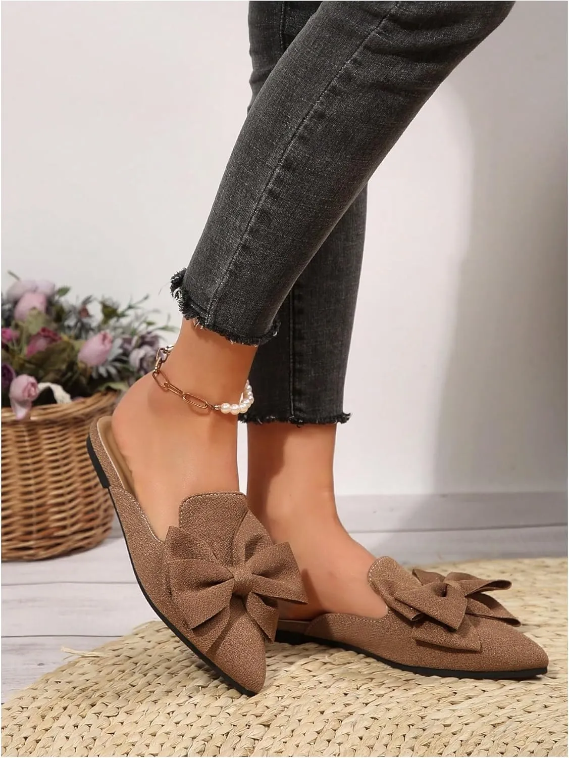 Women's Bow Mules Dressy Pointed Toe Flat Shoes Backless Loafers Slide Sandals Casual Slides Work Shoes