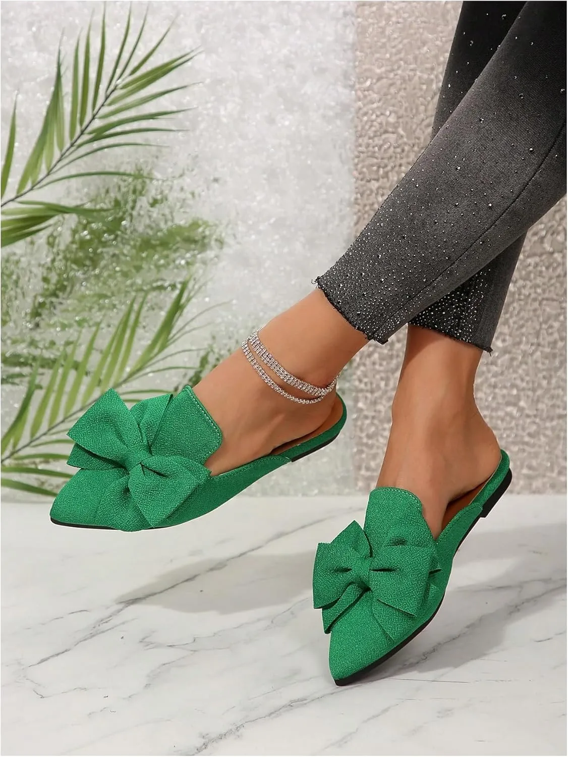 Women's Bow Mules Dressy Pointed Toe Flat Shoes Backless Loafers Slide Sandals Casual Slides Work Shoes