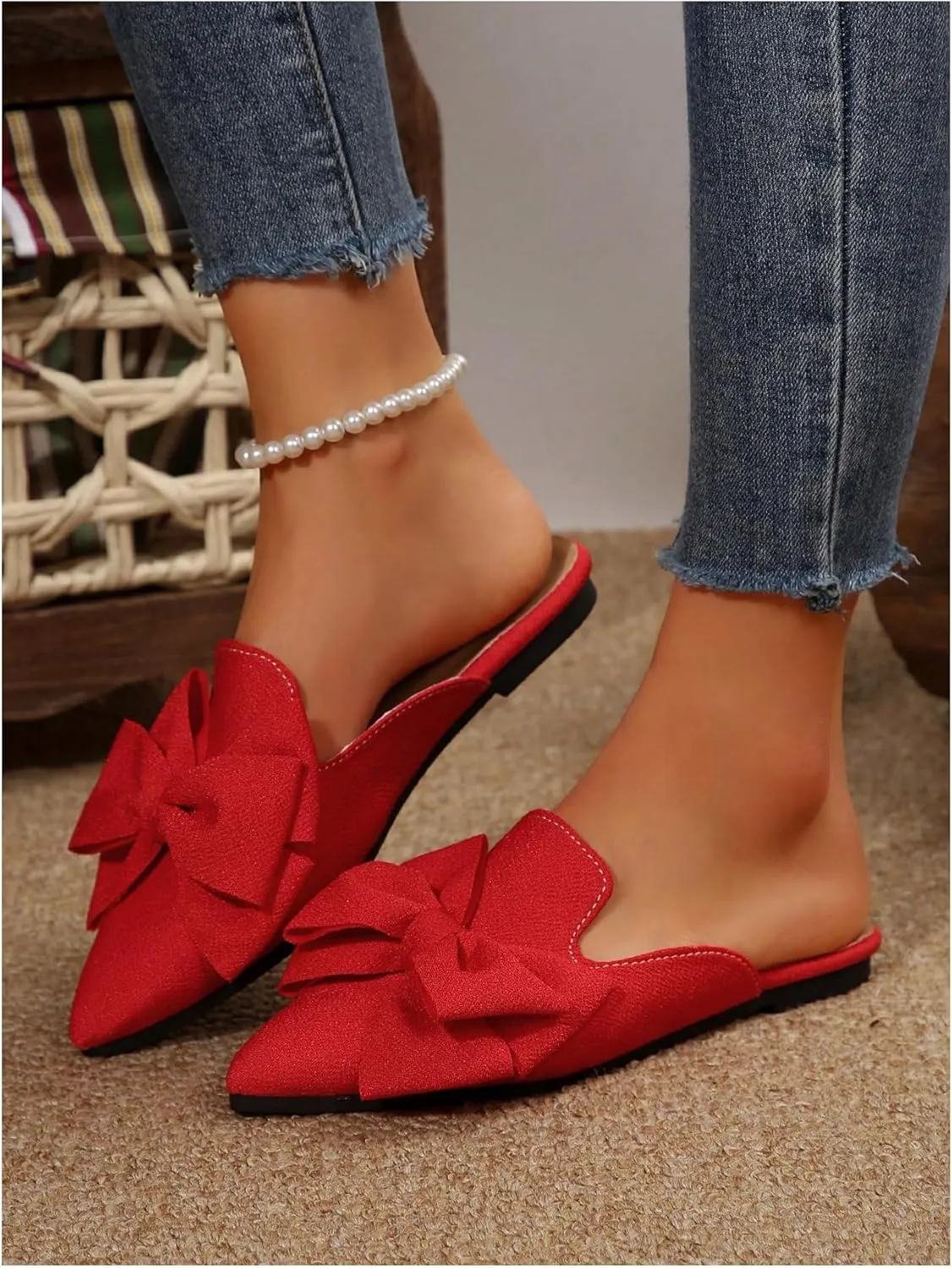 Women's Bow Mules Dressy Pointed Toe Flat Shoes Backless Loafers Slide Sandals Casual Slides Work Shoes