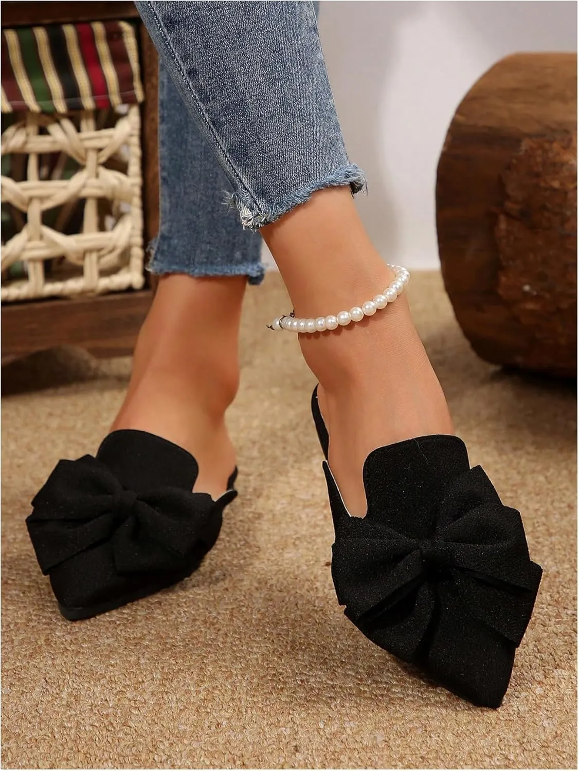 Women's Bow Mules Dressy Pointed Toe Flat Shoes Backless Loafers Slide Sandals Casual Slides Work Shoes