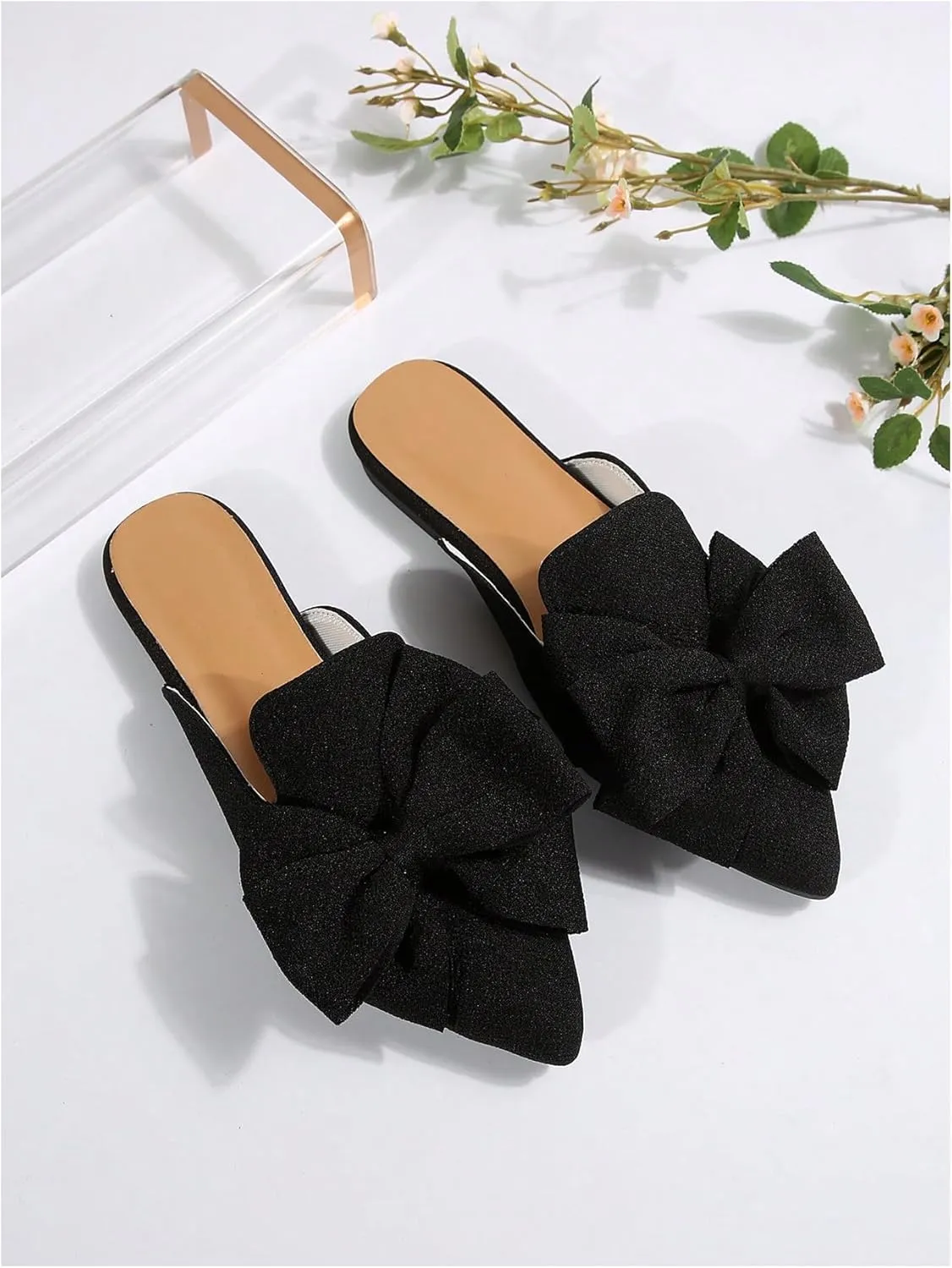 Women's Bow Mules Dressy Pointed Toe Flat Shoes Backless Loafers Slide Sandals Casual Slides Work Shoes