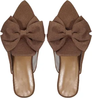 Women's Bow Mules Dressy Pointed Toe Flat Shoes Backless Loafers Slide Sandals Casual Slides Work Shoes