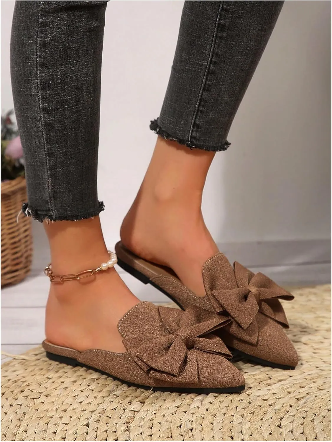 Women's Bow Mules Dressy Pointed Toe Flat Shoes Backless Loafers Slide Sandals Casual Slides Work Shoes
