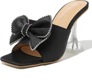 Women's Bowknot High Heel Mule Sandals Clear Heels Square Toe Satin Bow Mules Backless Slip on Slippers Comfortable Wedding Party Dress Shoes