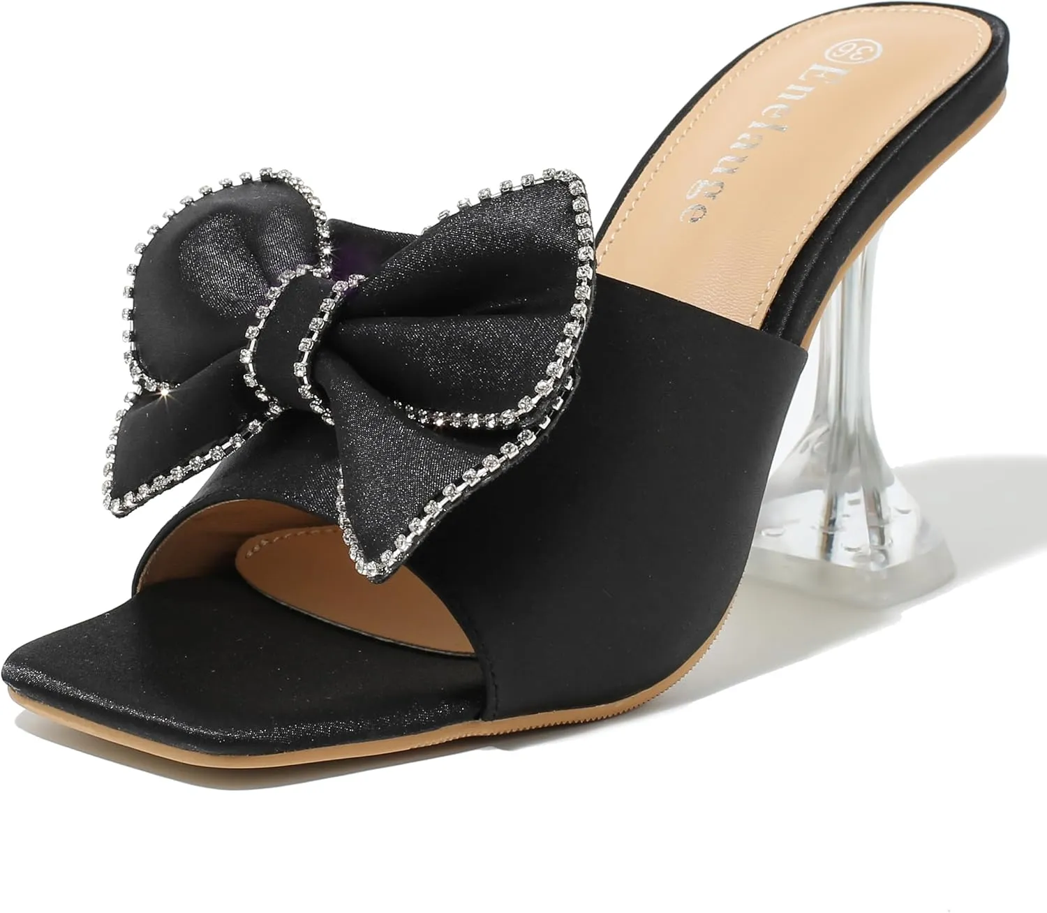 Women's Bowknot High Heel Mule Sandals Clear Heels Square Toe Satin Bow Mules Backless Slip on Slippers Comfortable Wedding Party Dress Shoes