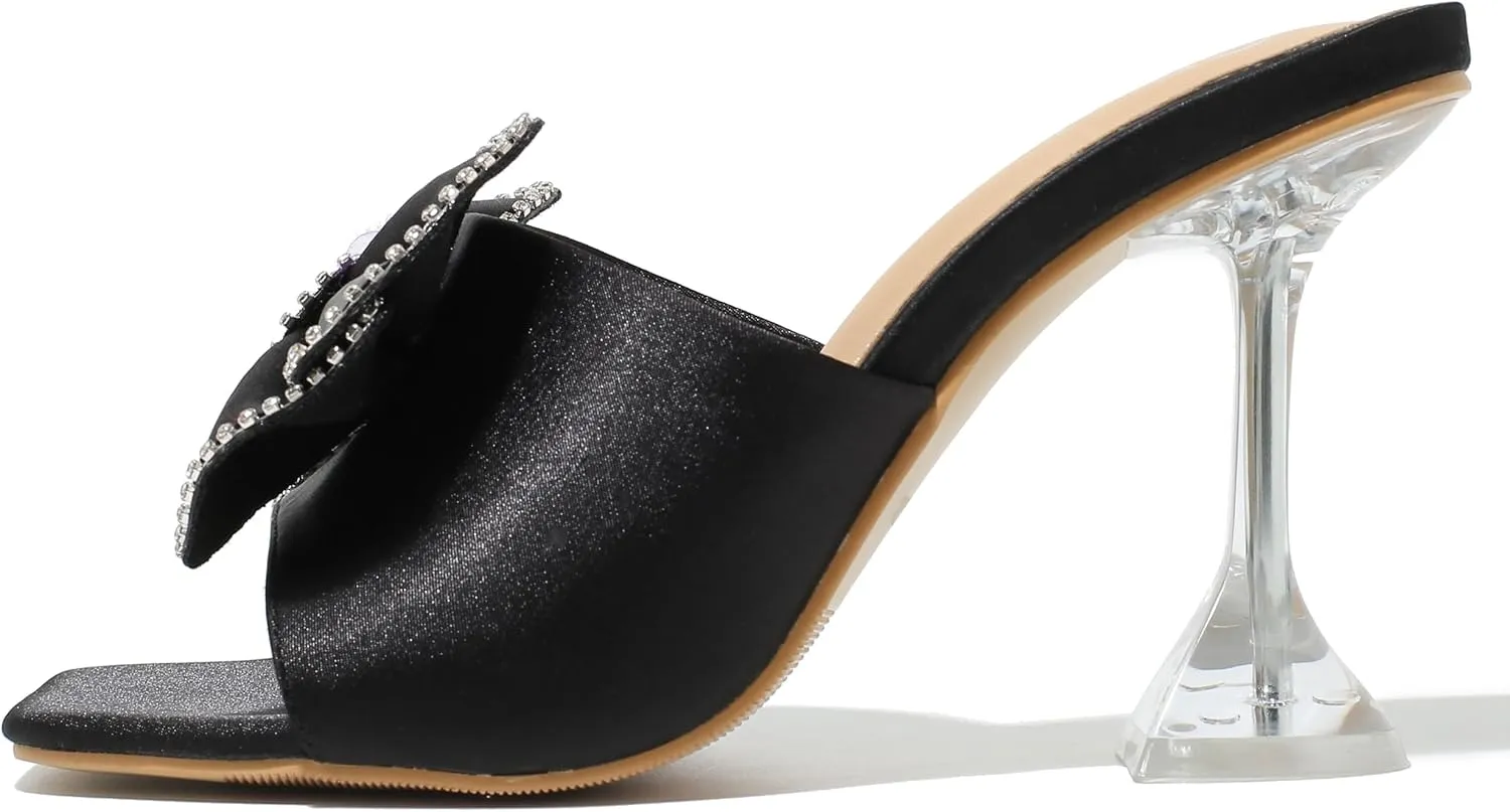 Women's Bowknot High Heel Mule Sandals Clear Heels Square Toe Satin Bow Mules Backless Slip on Slippers Comfortable Wedding Party Dress Shoes