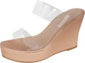 Women's Clear Strap Wedge Platform Sandals For Women Wedges Heels Transparent Comfortable Sandal Dressy Summer Slides Open Toe Slippers Beach Sandal Walking Casual Slip on Wedding Shoes for Bride