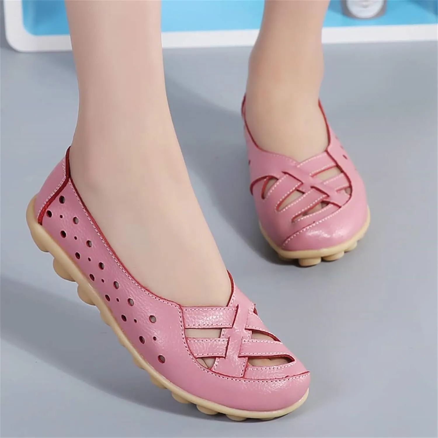 womens comfort sandals Breathable Leather Hollow Out Loafer Flats Summer Slip-On Cutout Sandals Casual Round Toe Orthopedic Loafers Fashion Soft Shoes