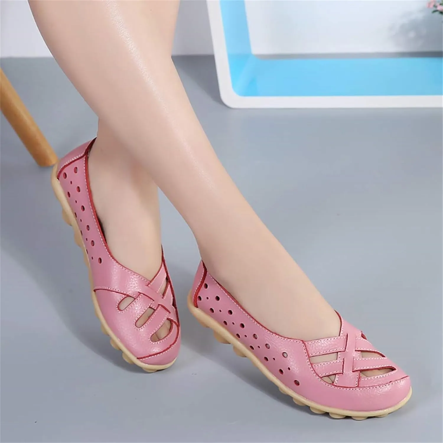 womens comfort sandals Breathable Leather Hollow Out Loafer Flats Summer Slip-On Cutout Sandals Casual Round Toe Orthopedic Loafers Fashion Soft Shoes