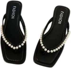 Womens Dressy Flip Flops Pearl Decor Clip Toe Slippers Slip on Slide Thong Sandals Summer Beach Flats Elegant Sandal