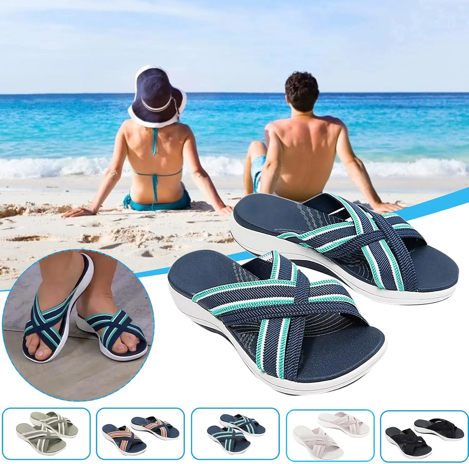 Womens Elastic Cross Straps Sandals Comfortable Wedge Open Toe Correction Slip-on Slippers Summer Casual Trendy Beach Couple Shoes Flip Flops