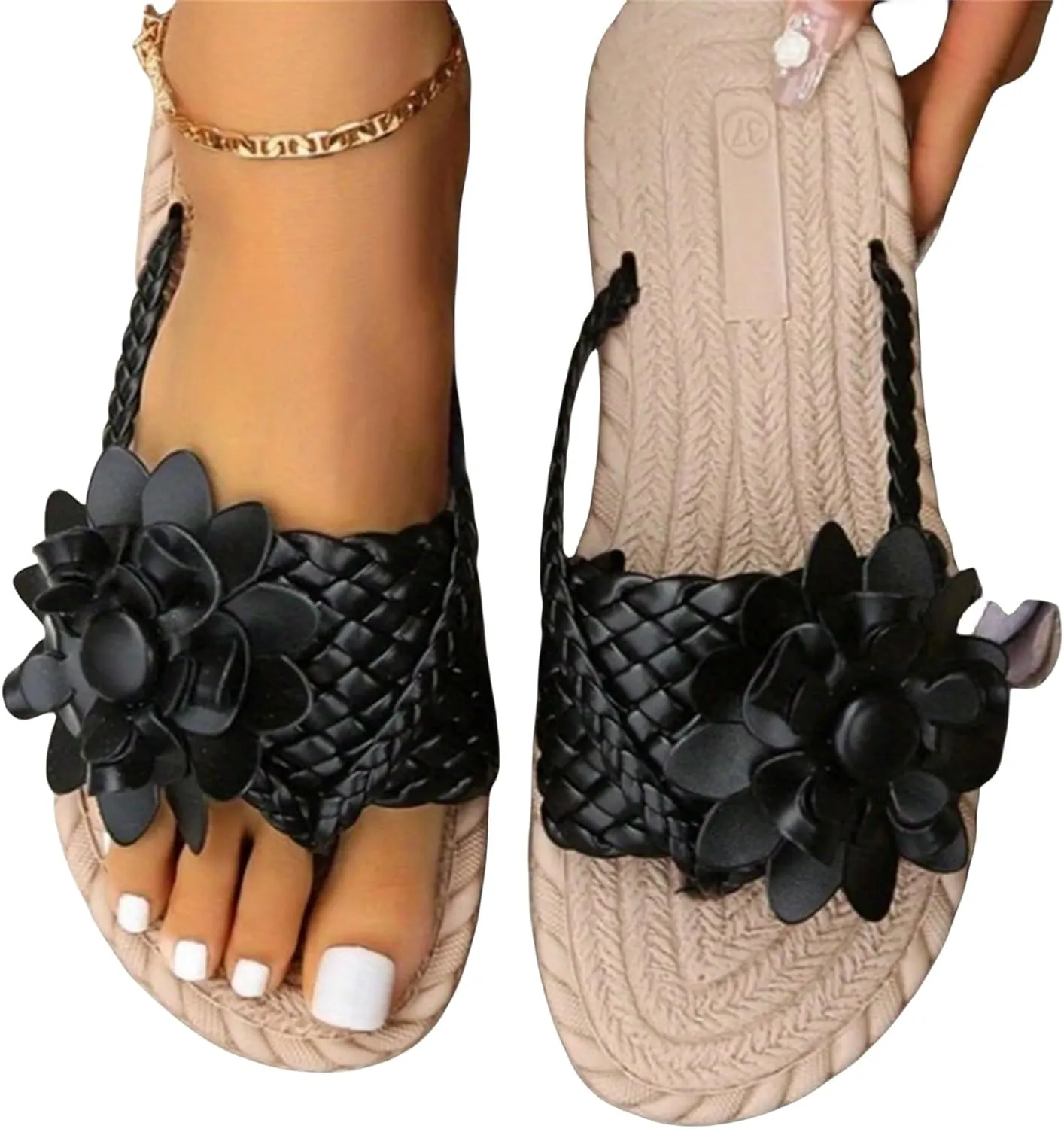 Womens Flat Sandals Flip Flops for Women Flower Braided Slide Sandals Beach Comfortable Slip On Slippers, Espadrille Sole Vacation Outdoor Thong Sandal Comfy Summer Flat Slippers