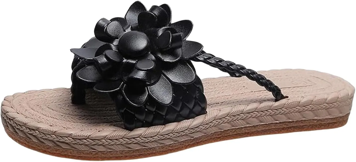 Womens Flat Sandals Flip Flops for Women Flower Braided Slide Sandals Beach Comfortable Slip On Slippers, Espadrille Sole Vacation Outdoor Thong Sandal Comfy Summer Flat Slippers
