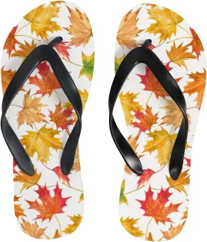 Womens Flip Flops for Summer Beach - Autumn Red Yellow Maple Leaves Casual Slide Flat Sandals Thong Slippers