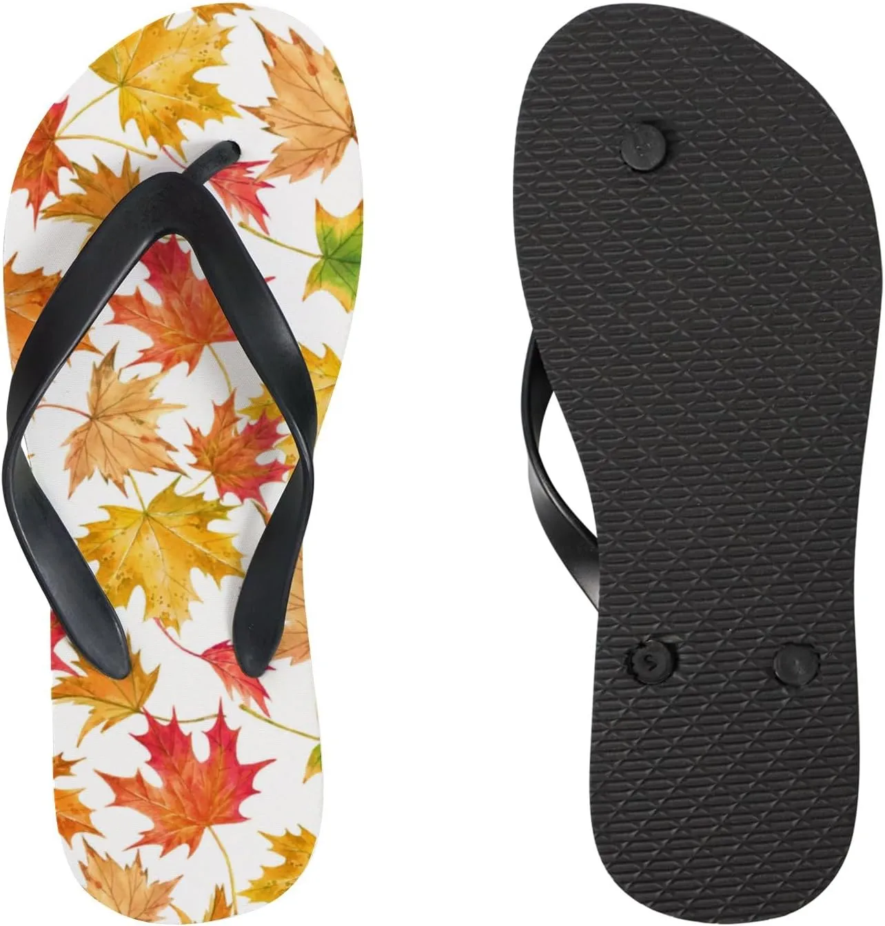 Womens Flip Flops for Summer Beach - Autumn Red Yellow Maple Leaves Casual Slide Flat Sandals Thong Slippers