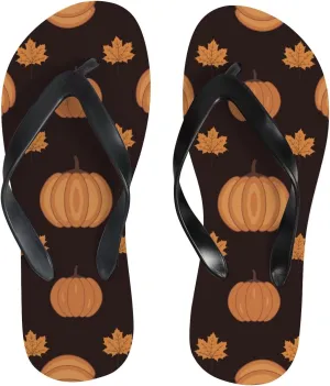 Womens Flip Flops for Summer Beach - Cartoon Pumpkin Maple Leaves Casual Slide Flat Sandals Thong Slippers