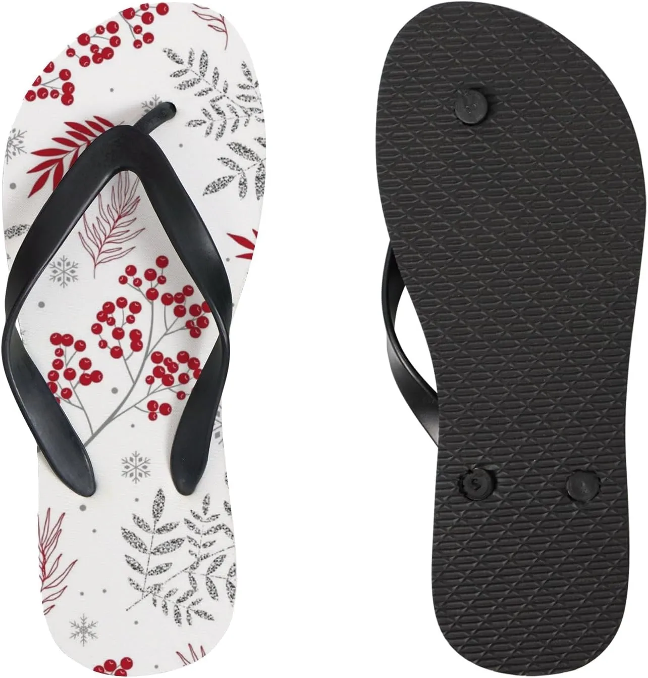 Womens Flip Flops for Summer Beach - Christmas Branches Leaves Berries Casual Slide Flat Sandals Thong Slippers