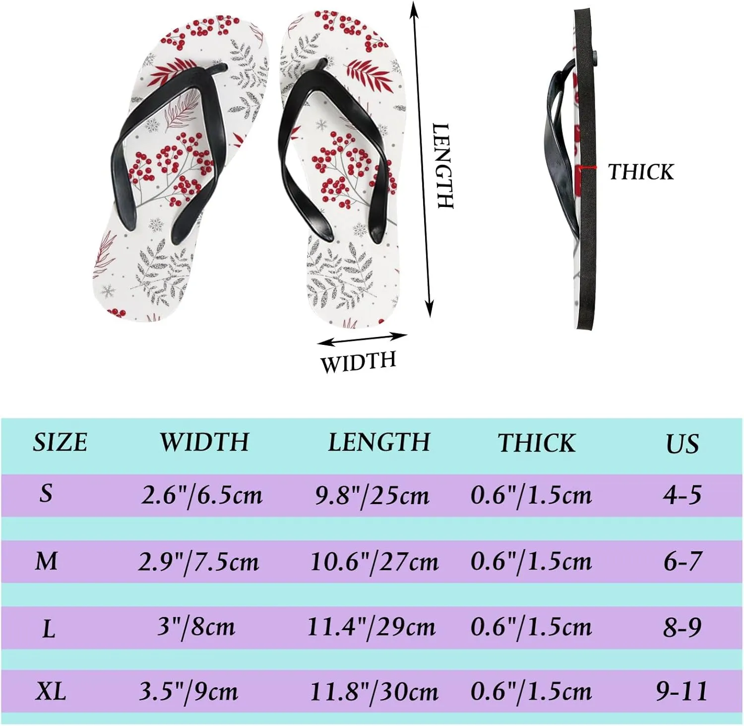 Womens Flip Flops for Summer Beach - Christmas Branches Leaves Berries Casual Slide Flat Sandals Thong Slippers