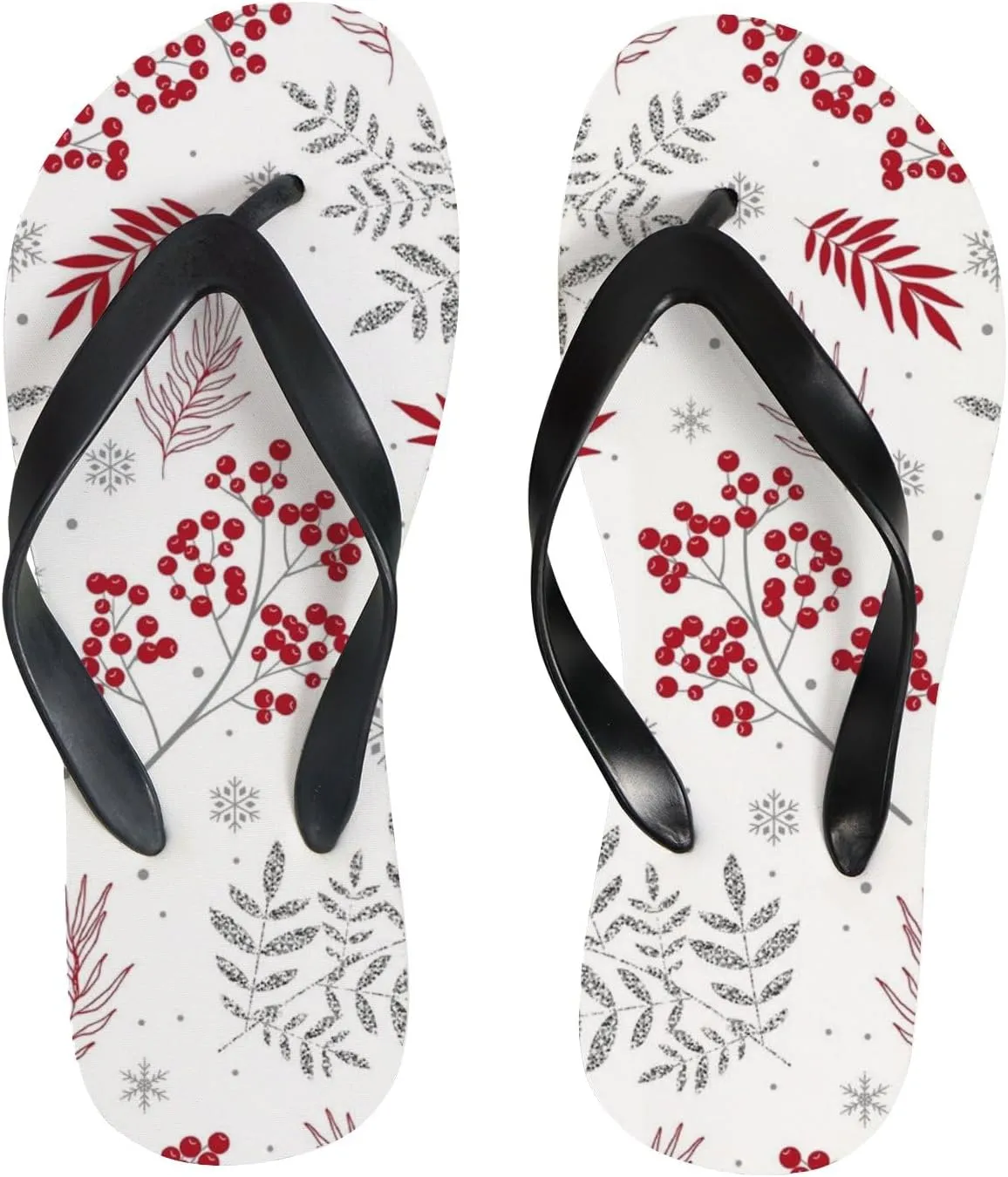 Womens Flip Flops for Summer Beach - Christmas Branches Leaves Berries Casual Slide Flat Sandals Thong Slippers