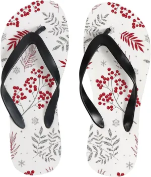 Womens Flip Flops for Summer Beach - Christmas Branches Leaves Berries Casual Slide Flat Sandals Thong Slippers