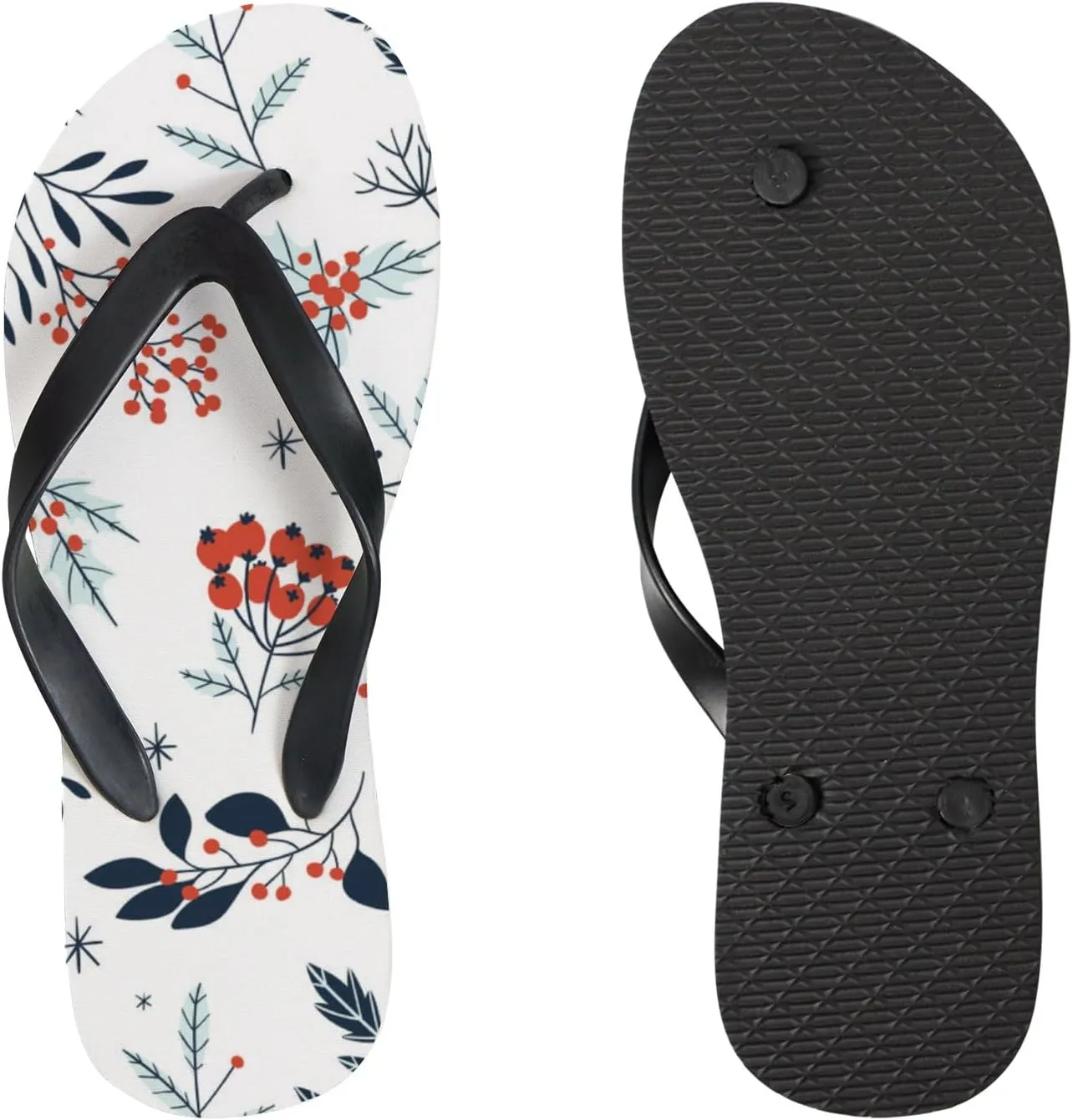 Womens Flip Flops for Summer Beach - Floral Winter Branches Berries Casual Slide Flat Sandals Thong Slippers