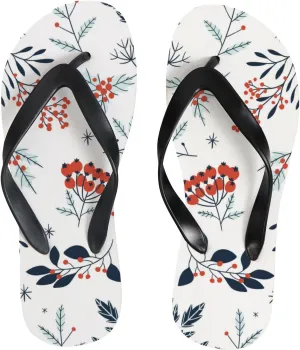 Womens Flip Flops for Summer Beach - Floral Winter Branches Berries Casual Slide Flat Sandals Thong Slippers