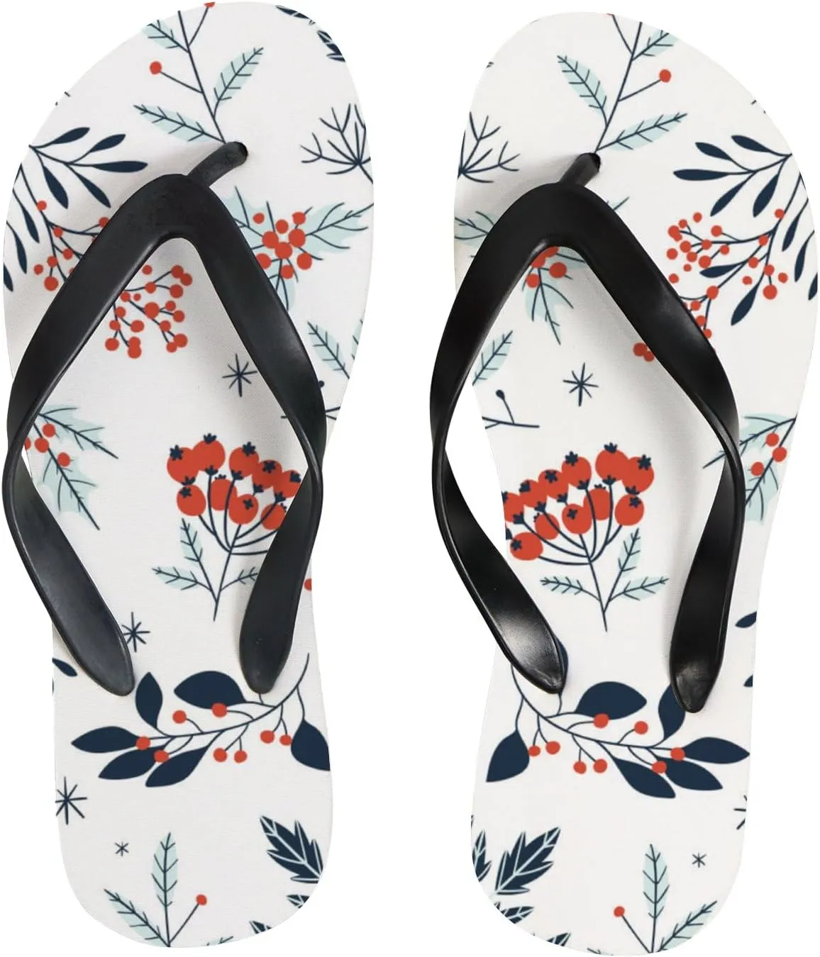 Womens Flip Flops for Summer Beach - Floral Winter Branches Berries Casual Slide Flat Sandals Thong Slippers