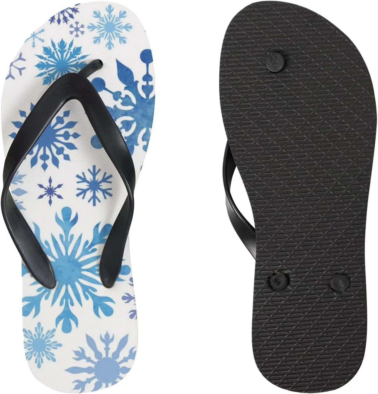 Womens Flip Flops for Summer Beach - Watercolor Frost Snowflakes Casual Slide Flat Sandals Thong Slippers