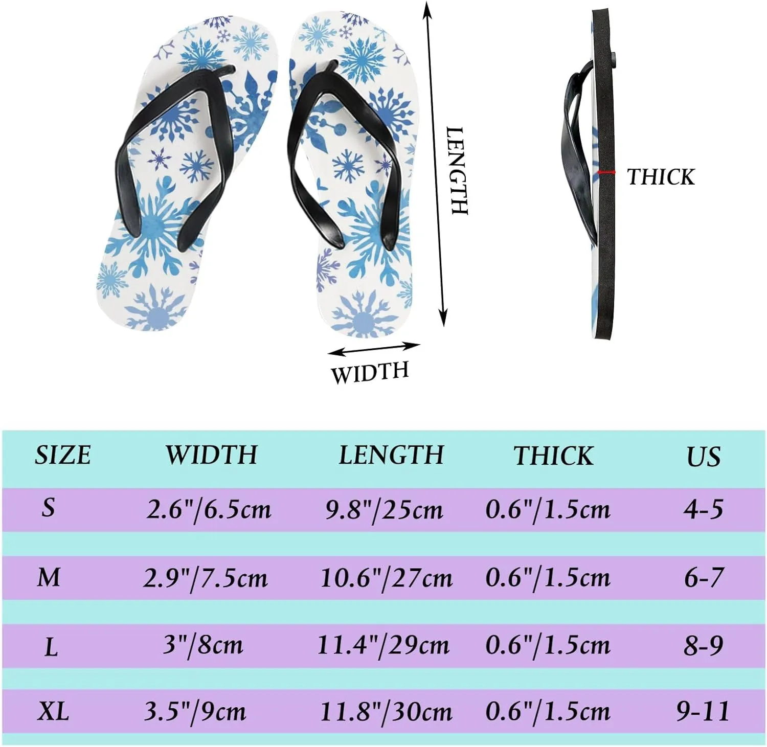 Womens Flip Flops for Summer Beach - Watercolor Frost Snowflakes Casual Slide Flat Sandals Thong Slippers