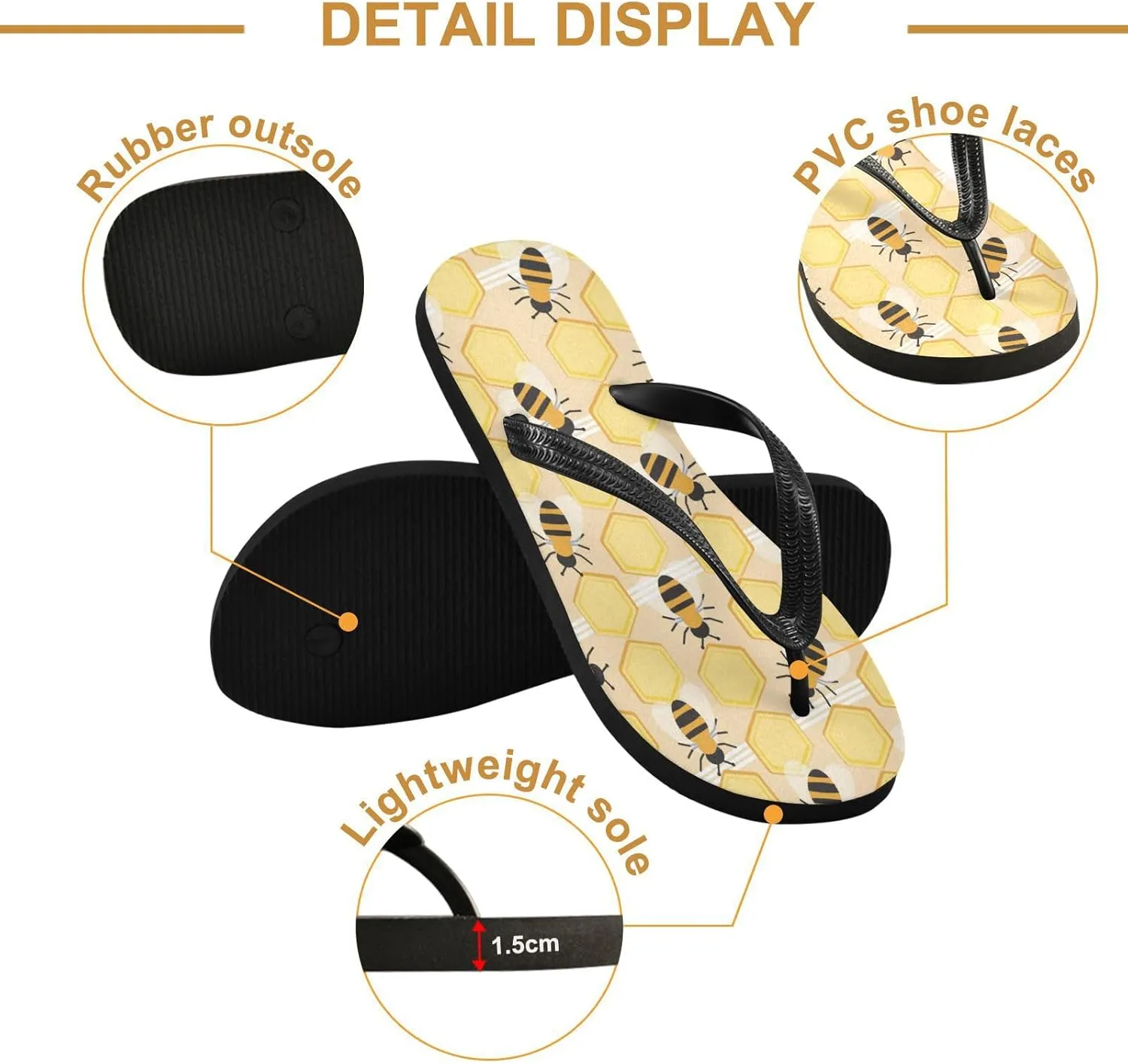 Womens Flip Flops Summer Beach Sandals Honeycombs Bee Yellow Casual Thong Slippers Comfortable Shower Slippers Non Slip Water Sandals shoes L