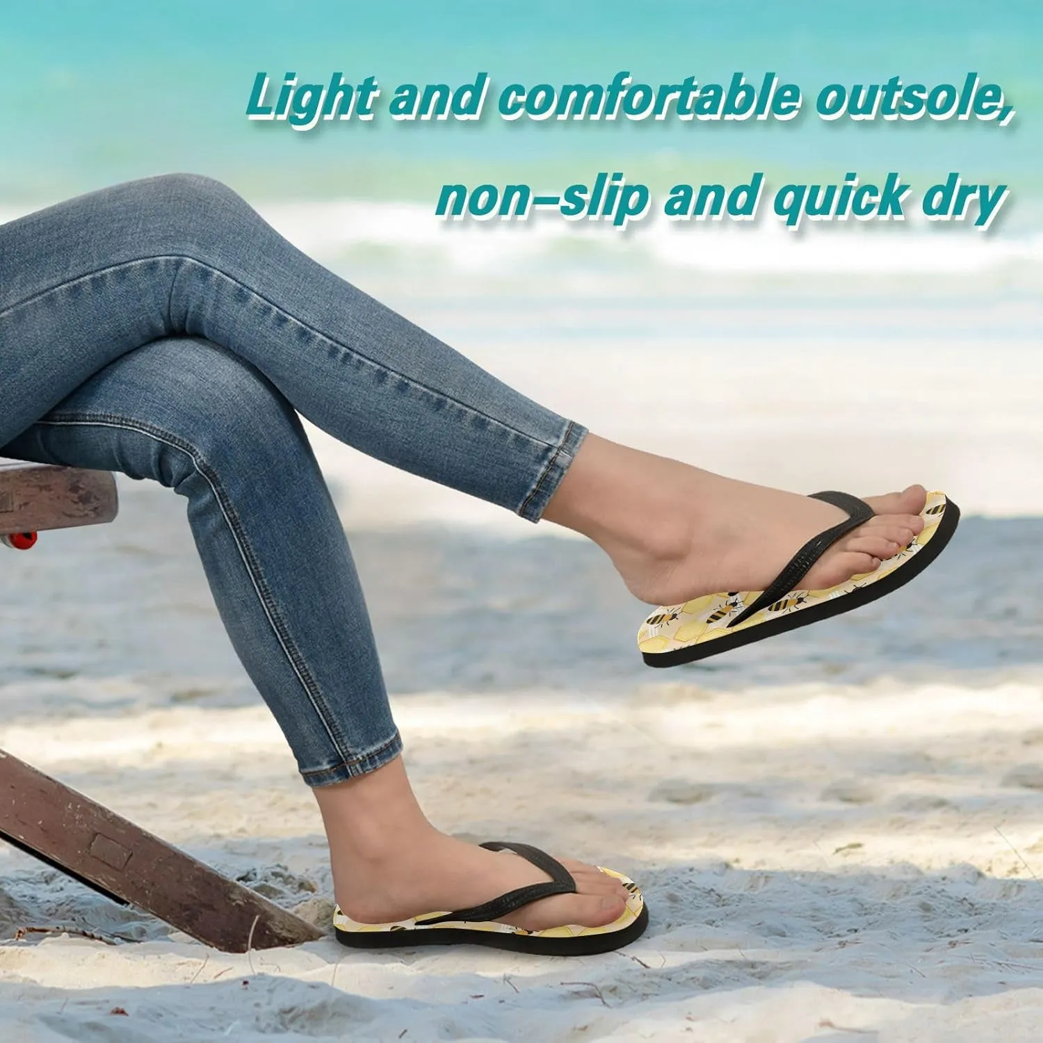 Womens Flip Flops Summer Beach Sandals Honeycombs Bee Yellow Casual Thong Slippers Comfortable Shower Slippers Non Slip Water Sandals shoes L