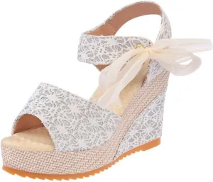 Women's Floral Lace-Up Wedge Sandals Flat Wedges Ankle Buckle Trendy Wedding Sandals with Bowknot Strap Espadrilles Open Toe Slingback Slip On Fishmouth Sandal Summer Beach Platform High Heel Shoes