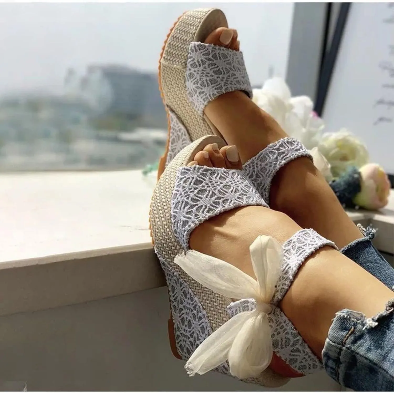 Women's Floral Lace-Up Wedge Sandals Flat Wedges Ankle Buckle Trendy Wedding Sandals with Bowknot Strap Espadrilles Open Toe Slingback Slip On Fishmouth Sandal Summer Beach Platform High Heel Shoes