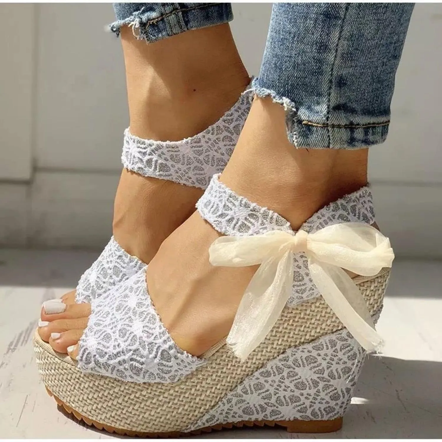 Women's Floral Lace-Up Wedge Sandals Flat Wedges Ankle Buckle Trendy Wedding Sandals with Bowknot Strap Espadrilles Open Toe Slingback Slip On Fishmouth Sandal Summer Beach Platform High Heel Shoes