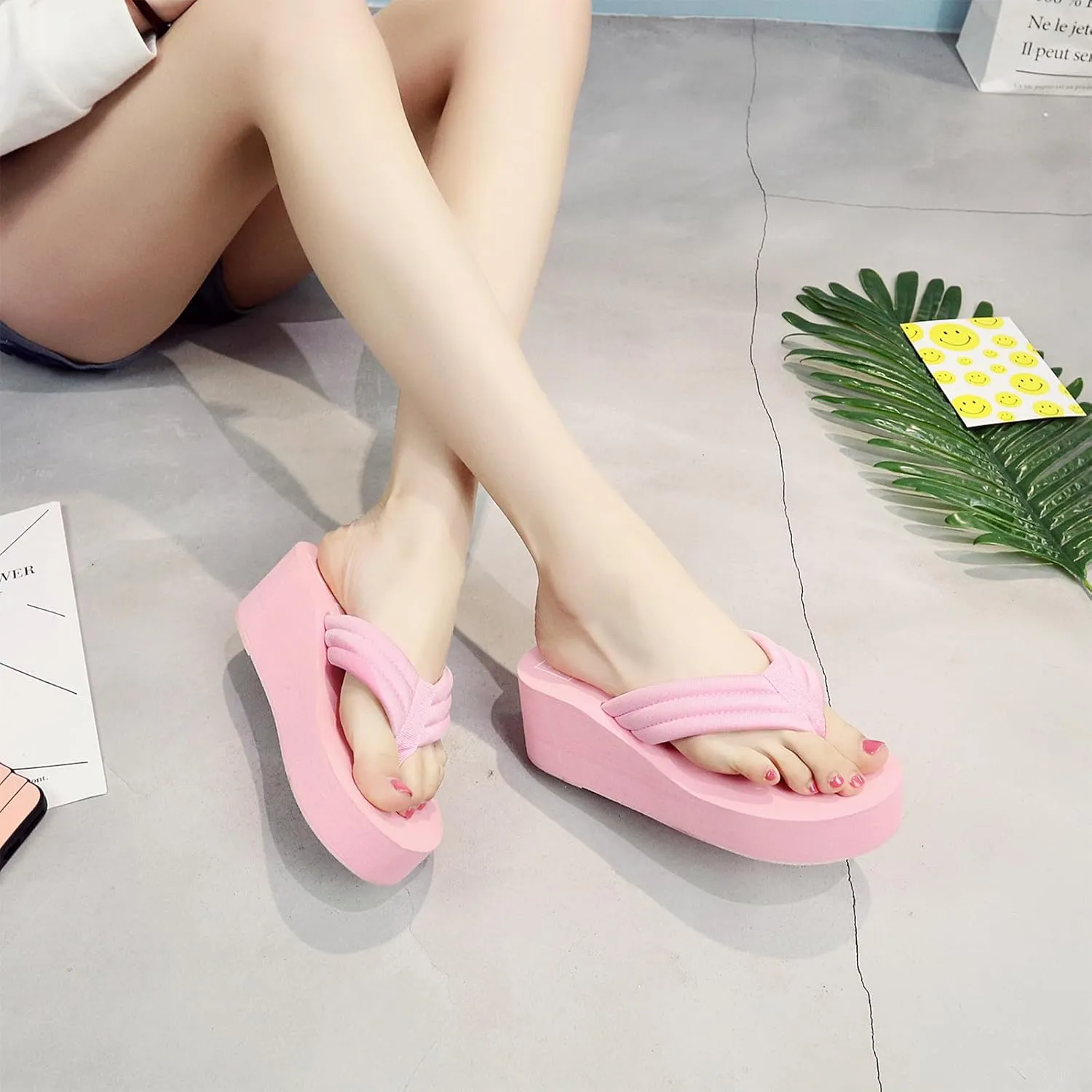 Women's Foam Platform Thong Slides Sandals Round Open Toe Lightweight Non Slip Wedge Heel Flip Flops Fashion Party Slip On Sandals