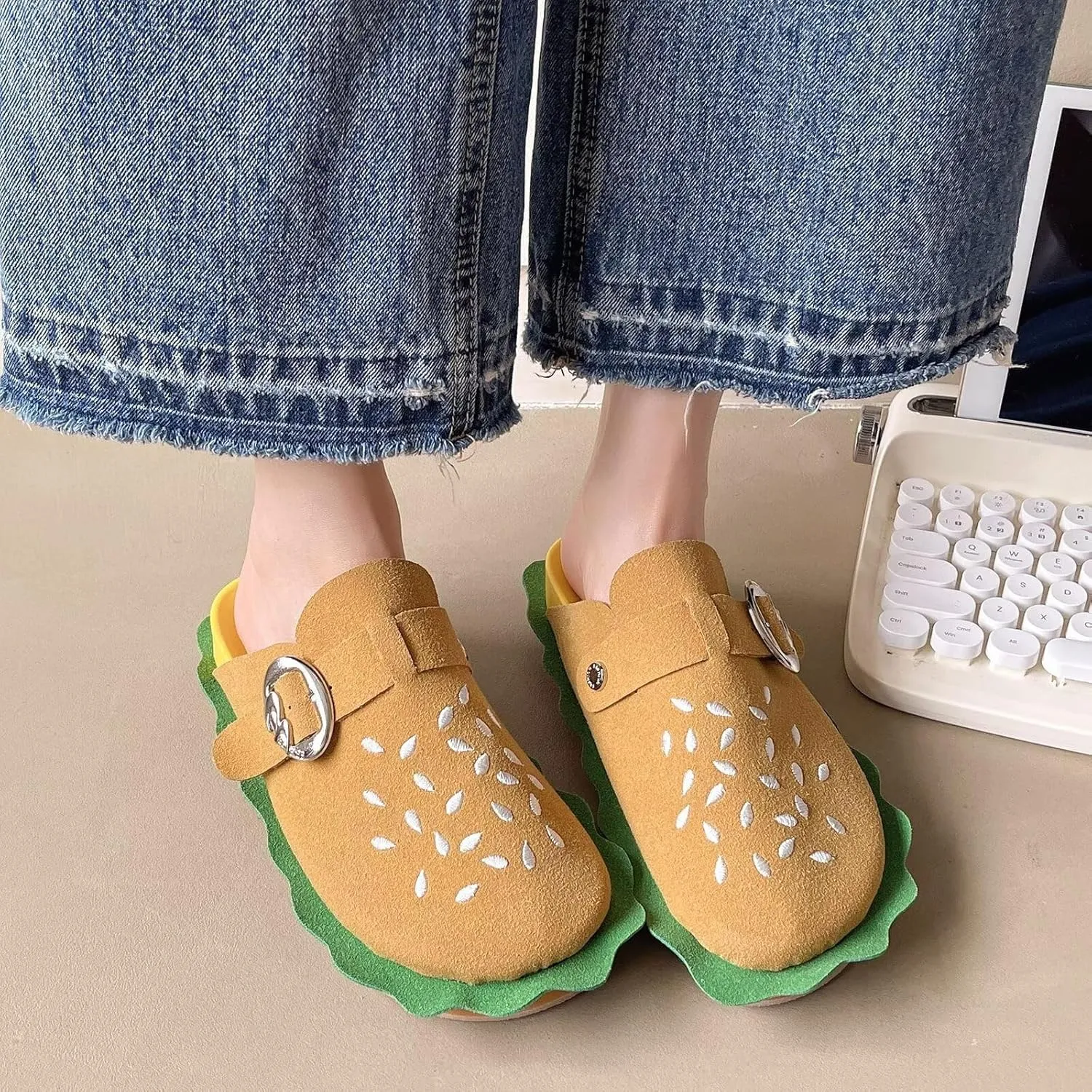Women's Hamburger Clog Shoes with Arch Support,Unisex Slip on Suede Adjustable Buckle Mule Clogs Slippers with Soft Natural Rubber Footbed Comfort Burger Shoes Bizarre Gift for Women&Men