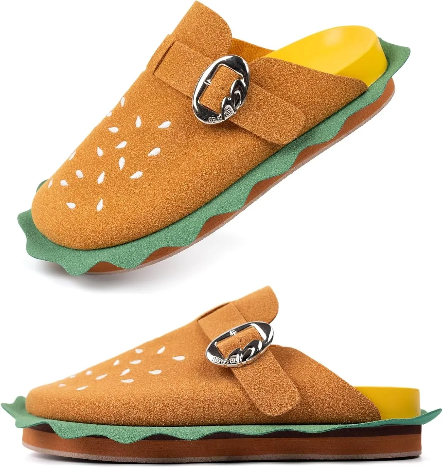 Women's Hamburger Clog Shoes with Arch Support,Unisex Slip on Suede Adjustable Buckle Mule Clogs Slippers with Soft Natural Rubber Footbed Comfort Burger Shoes Bizarre Gift for Women&Men