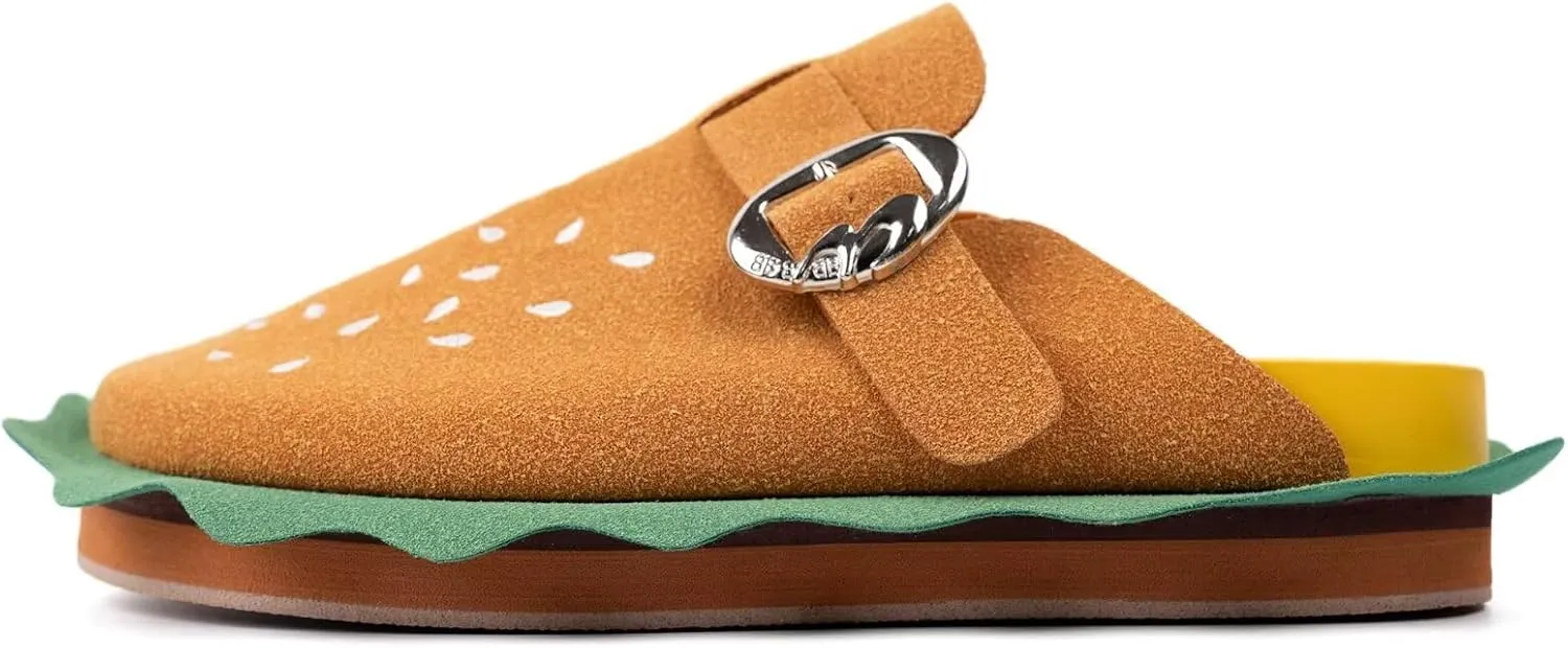 Women's Hamburger Clog Shoes with Arch Support,Unisex Slip on Suede Adjustable Buckle Mule Clogs Slippers with Soft Natural Rubber Footbed Comfort Burger Shoes Bizarre Gift for Women&Men