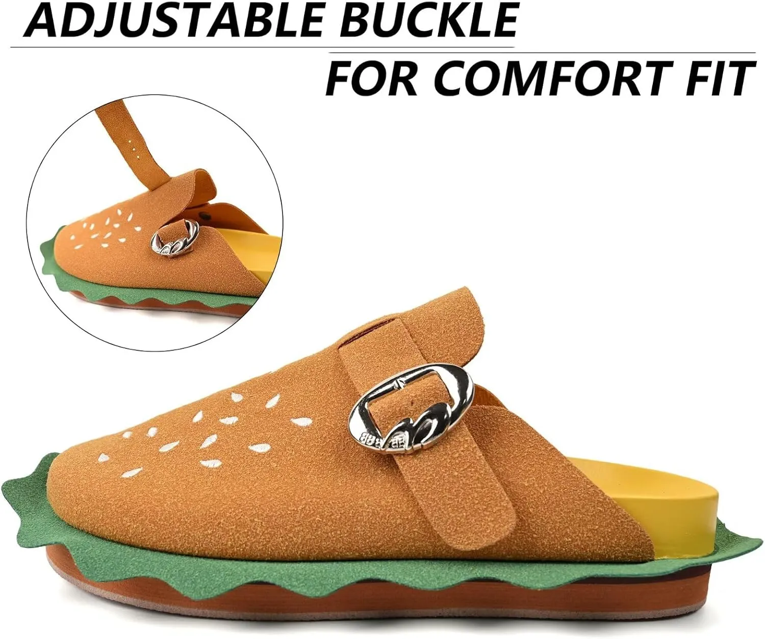 Women's Hamburger Clog Shoes with Arch Support,Unisex Slip on Suede Adjustable Buckle Mule Clogs Slippers with Soft Natural Rubber Footbed Comfort Burger Shoes Bizarre Gift for Women&Men