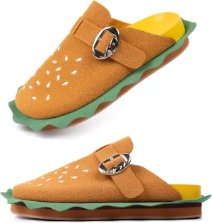 Women's Hamburger Clog Shoes with Arch Support,Unisex Slip on Suede Adjustable Buckle Mule Clogs Slippers with Soft Natural Rubber Footbed Comfort Burger Shoes Bizarre Gift for Women&Men